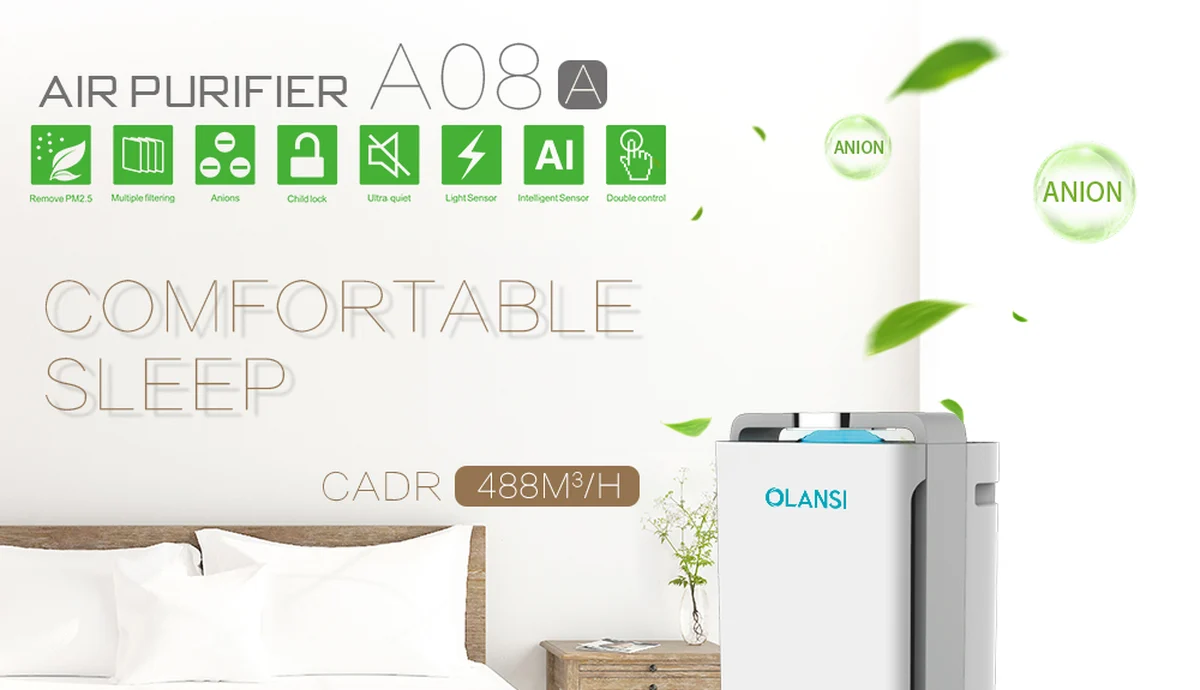 Quiet HEPA air purifier beside a bed for bedroom use
