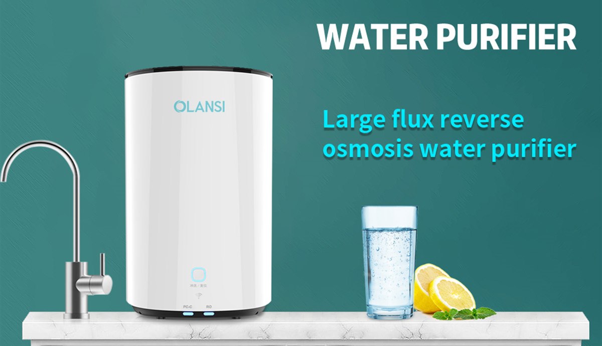 Reverse osmosis water purifier with filter status indicator next to a kitchen faucet and glass of water
