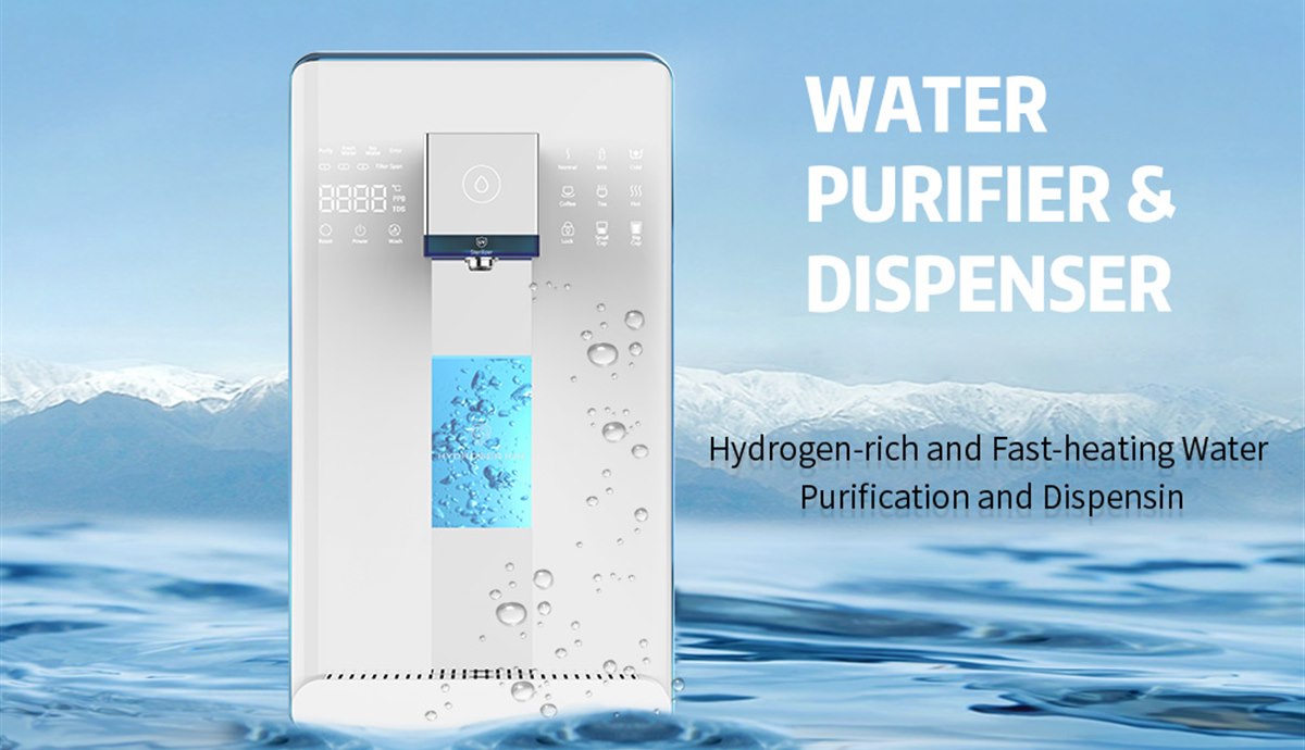 Water purifier dispenser with digital display showing filter status and water quality information