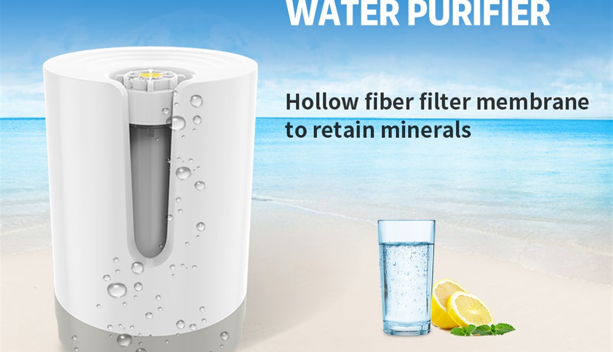 Cutaway of a water purifier showing the hollow fiber filter cartridge inside the housing