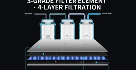 Three-stage water purifier filter configuration with composite carbon, RO membrane and post-carbon filters